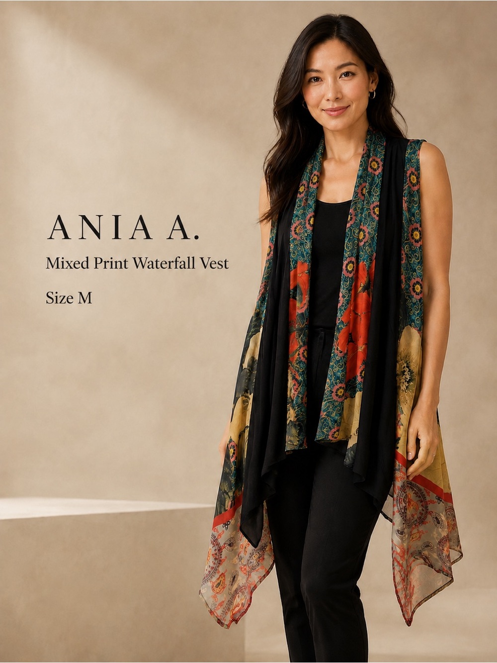 Ania A Mixed Print Waterfall Vest Size M Floral Boho Asymmetrical